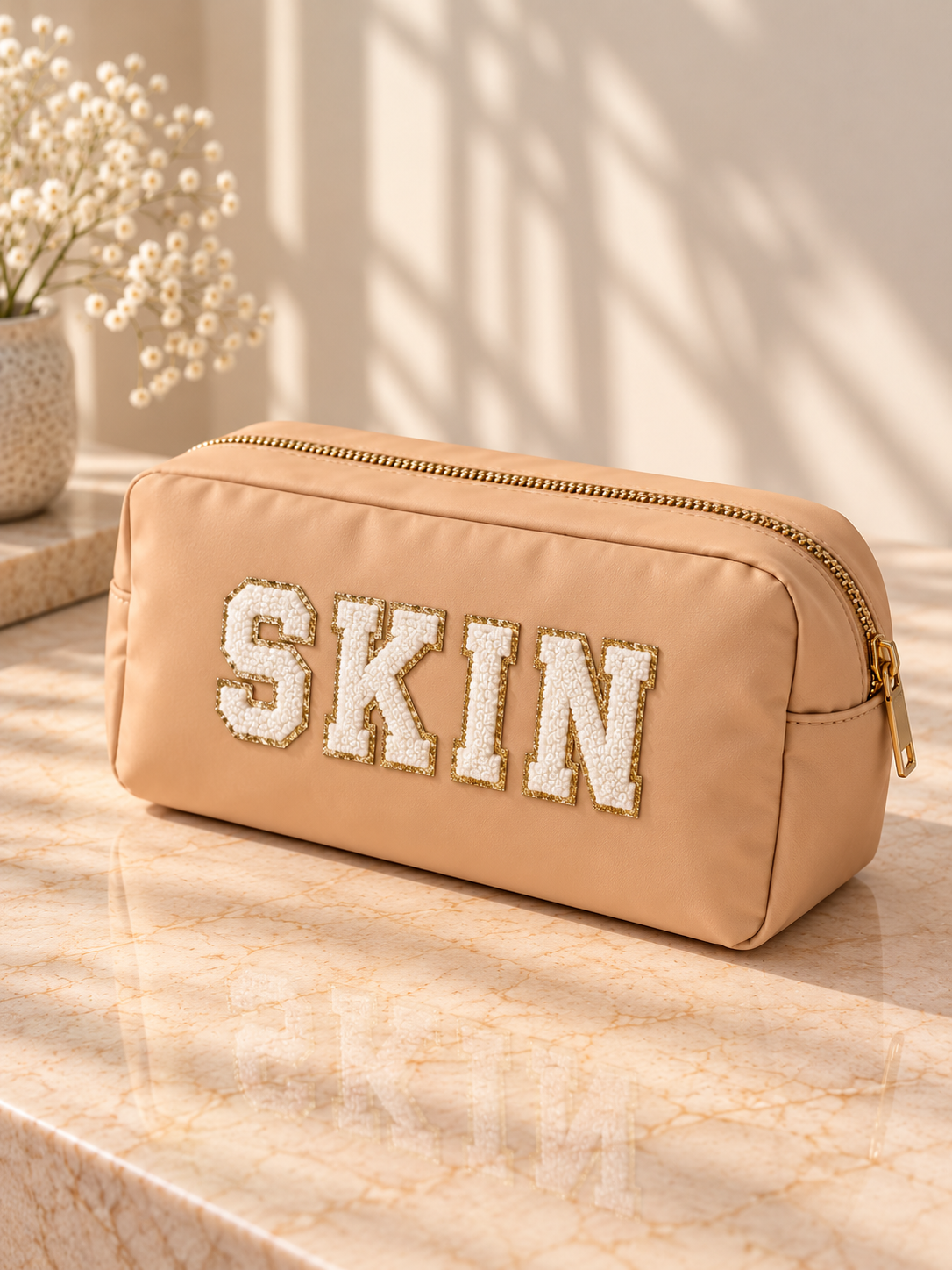 Elegant Sand Small Cosmetic Pouch with White “SKIN” Letter Patches Elegant Sand Small Cosmetic Pouch with White “SKIN” Letter Patches