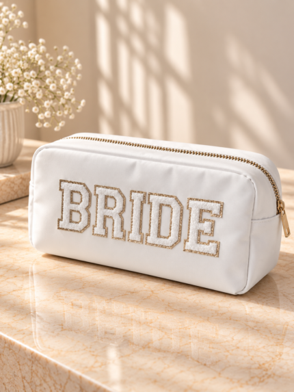 Small White Pouch with White "BRIDE" Lettering