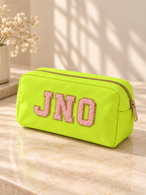 Neon Lime Small Nylon Pouch with Gold Zip and Light Pink Letter Patches "JNO"