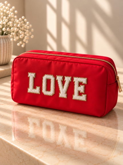 Red Small Cosmetic Pouch with White "LOVE" Lettering